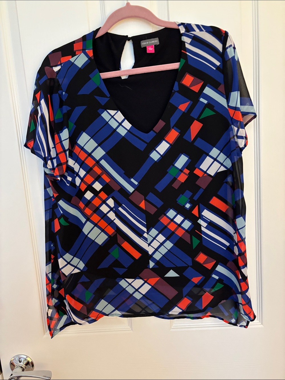 Vince Camuto Black Geometric Print V-Neck Blouse with Blue & Red Accents
